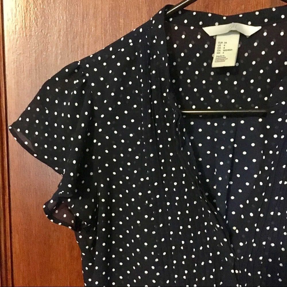 H&M Navy Polka Dot Blouse w/ Pintucks - size 4 US